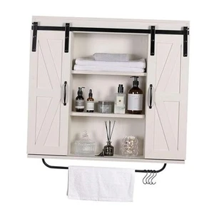  Rustic Wood Wall Storage Cabinet with Two Sliding Barn Door, 3 Vintage White - Picture 1 of 8