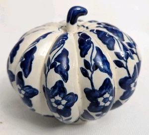Calabaza Cerámica Otoño Acción de Gracias Blanco Azul Diseño Floral India - Imagen 1 de 8