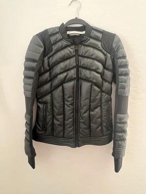 Blanc Noir Women’s Sm Black Mesh Quilted Faux Leather Moto Feather Puffer Jacket - Image 1 of 4