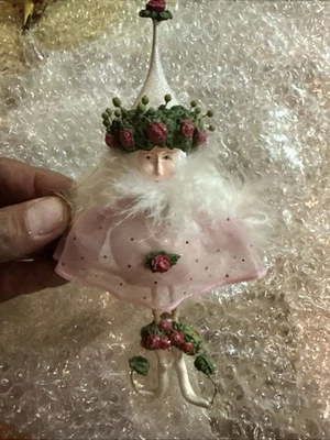 Patience Brewster Christmas Krinkles Ornament Girl White Pink Roses Feathers  - Image 1 of 4