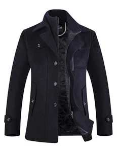 Men's Pea Coat Wool Jacket Windbreaker Single Breasted Winter Coat 1108 Navy S - Picture 1 of 8