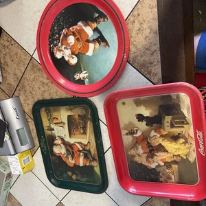 Vintage ORIGINAL Lot Of 3 80’s & 90’s Santa Claus COCA COLA METAL SERVING Trays - Picture 1 of 10