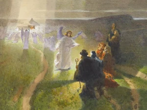 Acuarela según Ludwig Dettmann escena cristiana anuncio a los pastores (154) - Imagen 1 de 12