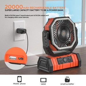 20000mAh Cordless Battery Powered Fan with LED Lantern, USB C Battery Operated - Picture 1 of 27