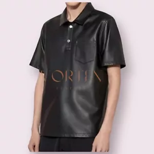 Black Leather Classic Men's Half Sleeves Shirt Made With Genuine Leather Shirts - Picture 1 of 3