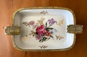 Antique French Limoges Porcelain Footed Ashtray Floral with Bronze Trim - Picture 1 of 4