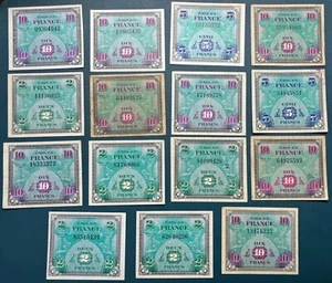 Francia Billetes Aliados Ocupación Militar Segunda Guerra Mundial 15 Piezas Set LOTE 34 algunos UNC - Imagen 1 de 1