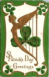 St Patricks Day Gold Gilt Anthropomorhic Harp Clover Embossed c1910 postcard BP4 - Picture 1 of 2