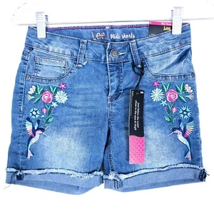 Lee Girls Midi Short Embroidered Adjustable Waist Stretch Color Blue Size 8 - Picture 1 of 6