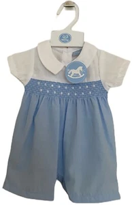 Spanischer babyblauer gesmokter Strampler traditioneller Stil Junge Stickerei Anzug 0-3-6-9 M - Bild 1 von 5