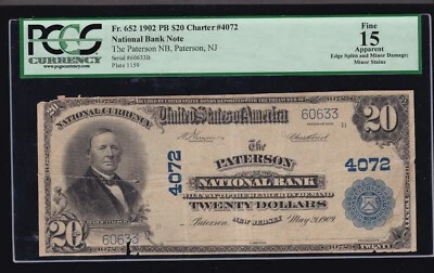 US 1902 $20 Plain Back Patterson NB NJ National Chtr#4072 FR 652 PCGS 15ap (633) - Image 1 of 2