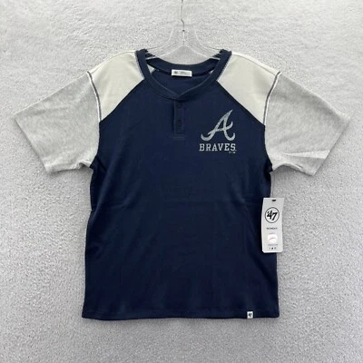 Atlanta Braves Shirt Womens Small Blue '47 Brand MLB Baseball Henley Knit *A New - Image 1 of 4