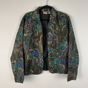 Chicos Silk Jacket Womens 2 US L Open Front Green Turquoise Multicolor Floral