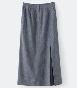Poesía Denim Azul Falda Larga 18 Lino Algodón y Lana Pliegue Frontal - Imagen 1 de 6