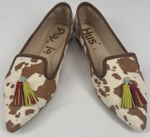 Hush Puppies Women Sadie Tassel Calf Hair Cow Print Leather Flats Loafers Sz 9W - Picture 1 of 15