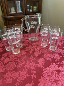 Vintage 1970s~ Coca Cola Pitcher With 9 Glasses 16oz - Picture 1 of 8