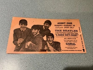THE BEATLES 1964 ORIGINAL MOVIE TICKET A Hard Day’s Night CORAL THEATRE MIAMI - Picture 1 of 5