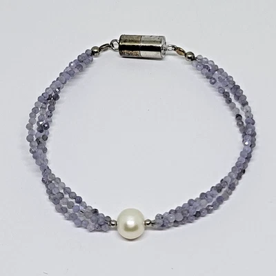 Браслет с бусинами из чистого серебра с танзанитом и пресноводным жемчугом JTV ~ 7,25 дюйма - Изображение 1 из 4