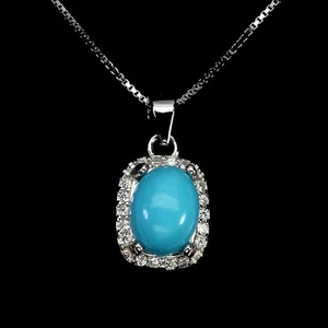 925 Sterling Silver Necklace Oval Turquoise 8x6mm Natural Gemstone Jewelry 18in - Picture 1 of 13