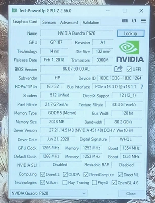 L11436-002 NVidia HP Quadro P620 2GB 4-Port DP GDDR5 128 bit Graphics Card - Image 1 of 4