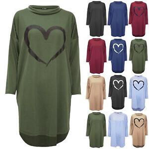 Womens Ladies Heart Side Pockets Oversized 3/4 Sleeve Mini Sweatshirt Dresses