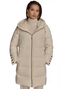 Abrigo acolchado con capucha para mujer Donna Karan New York color crema nuevo con etiquetas - Imagen 1 de 5