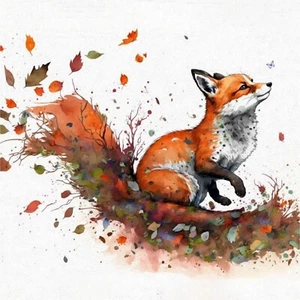 Curious Fox with Butterfly Watercolor Oil Painting Art Wildlife Print - Picture 1 of 5