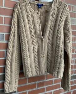 Vintage J Crew Y2K Fisherman Chunky Knit Cardigan Sweater Camel 100% Wool Sz L - Picture 1 of 7