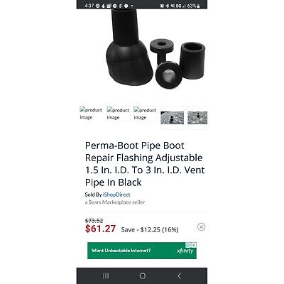 Perma-Boot Pipe Boot Repair Flashing Adjustable 1.5 In. I.D. To 3 In. I.D. Vent • 17.97$