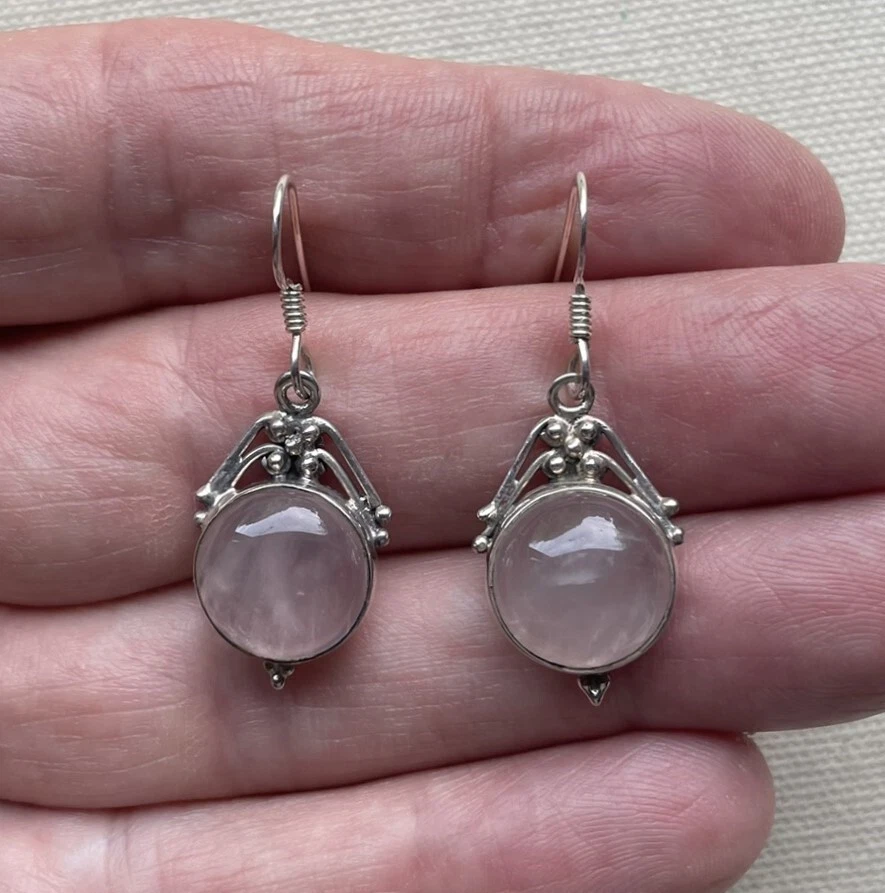 Pendientes colgantes de cuarzo rosa caviar bohemio artesanales vintage de ley de 1,5" Foto 1 de 4