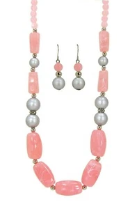 Pink and gray beaded necklace and earring set with crystals and silver beads NEW - Picture 1 of 7