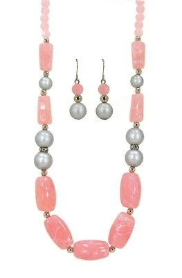 粉色和灰色串珠项链和耳环套装带水晶和银色珠子 全新 — 第 1/4 张图片