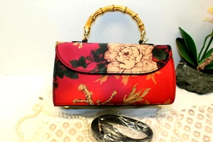 Bolso de Mano SEDA con Correa para el Hombro Mango de Bambú Rojo Floral Talla Mediana NUEVO - Imagen 1 de 9
