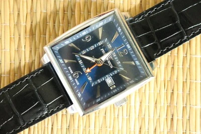 RELOJ PHILIP FINO GMT ESTILO CUADRADO NEGRO COCO ESFERA AZUL OSCURO CUARZO + JUEGO DE CAJA Foto 1 de 4