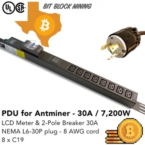 Metered/2-Pole Breaker Mining PDU 240V 30A L6-30P 8-Ports C19 Cord 6.5F long TX - Picture 1 of 9
