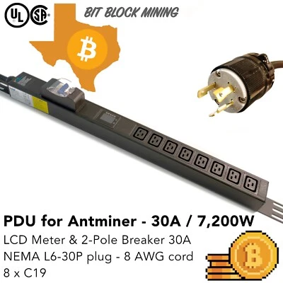 Metered/2-Pole Breaker Mining PDU 240V 30A L6-30P 8-Ports C19 Cord 6.5F long TX - Image 1 of 4