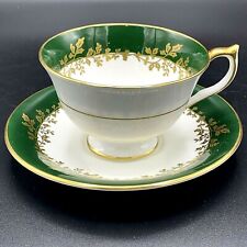 AYNSLEY Emerald Green with Gold Leaves TEA CUP and SAUCER with Gold Trim Marked