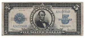U.S. - Series of 1923 $5.00 Silver Certificate (Lincoln Porthole) - Scarce - Picture 1 of 2