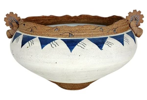 Vintage Hand Coiled Spur Handle Acoma Pueblo Ruffled Rim with Polychrome Design  - Picture 1 of 17