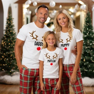 Familien personalisierte Rentier T-Shirts Heiligabend Pyjama Tops PJs Kind Geschenk - Bild 1 von 4