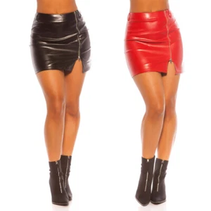 Mini Skirt Leather Look Front Slit and Zip Shiny Wetlook KouCla - Red & Black - Picture 1 of 12