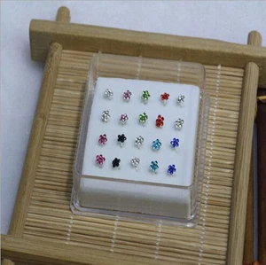 Wholesale 20PC Solid Silver Mixed Plum flower Crystal Straight Bar Rod Nose Stud - Picture 1 of 4