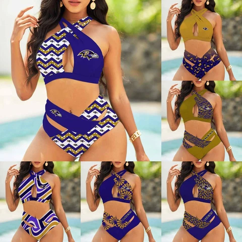 Baltimore Ravens Women's 2PCS Criss Cross Halter Bikini Set Beach Swimsuit Gift Cover