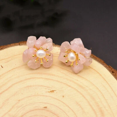 天然玉珍珠耳钉女士礼物银色花朵耳环精美珠宝首饰 — 第 1/4 张图片
