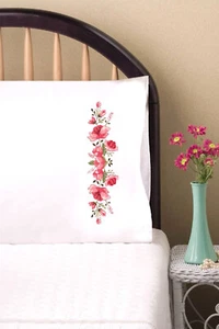 Stamped Embroidery ~ Design Works Pink Floral PILLOWCASE PAIR #T232185 - Picture 1 of 4