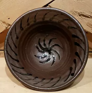 Studio Art Bowl Spiral Pattern Stoneware Brown Black Pottery 7.5" - Swanky Barn - Picture 1 of 12