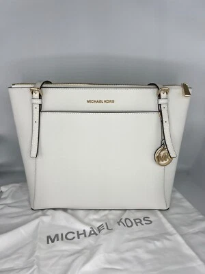 Bolsa tote Michael Kors Voyager com zíper couro branco saffiano dourada nova com etiquetas - Imagem 1 de 4