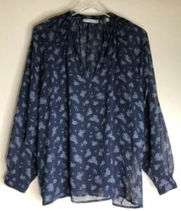 Vince Sz Medium Sheer Peasant Top V-Neck Navy Blue Floral Long Sleeve Oversized - Picture 1 of 8