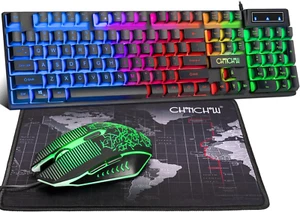 USB Wired Gaming Keyboard and Mouse - LED Backlit Light Up Key 2 Side Buttons - Picture 1 of 11