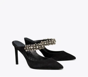 NEW Tory Burch Black Suede Crystal Pointed Toe Pump Mule Sz 10M - Picture 1 of 11
